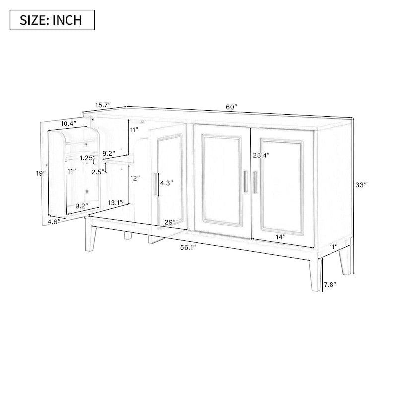 Buffet 4 portes avec étagère de rangement pour salon, deux grandes armoires avec étagère réglable