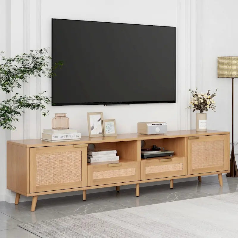 Meuble TV en rotin pour téléviseur de 85 pouces, meuble console de style rustique, pieds en bois massif