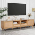 Meuble TV en rotin pour téléviseur de 85 pouces, meuble console de style rustique, pieds en bois massif