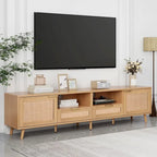 Meuble TV en rotin pour téléviseur de 85 pouces, meuble console de style rustique, pieds en bois massif
