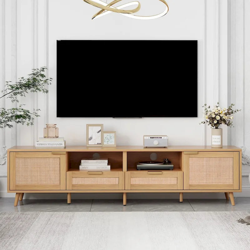 Meuble TV en rotin pour téléviseur de 85 pouces, meuble console de style rustique, pieds en bois massif