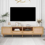 Meuble TV en rotin pour téléviseur de 85 pouces, meuble console de style rustique, pieds en bois massif