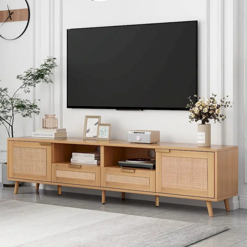 Meuble TV en rotin pour téléviseur de 85 pouces, meuble console de style rustique, pieds en bois massif