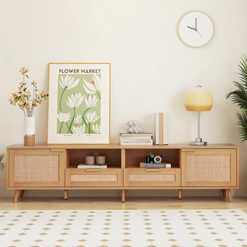Meuble TV en rotin pour téléviseur de 85 pouces, meuble console de style rustique, pieds en bois massif