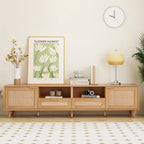 Meuble TV en rotin pour téléviseur de 85 pouces, meuble console de style rustique, pieds en bois massif