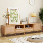 Meuble TV en rotin pour téléviseur de 85 pouces, meuble console de style rustique, pieds en bois massif