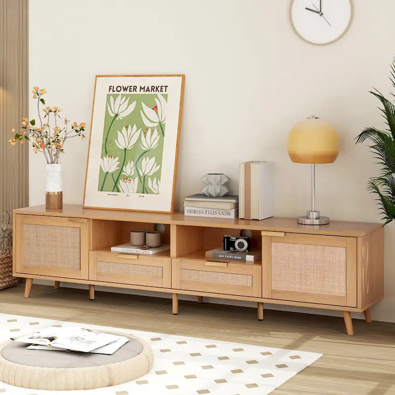 Meuble TV en rotin pour téléviseur de 85 pouces, meuble console de style rustique, pieds en bois massif