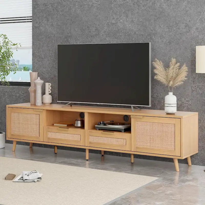 Meuble TV en rotin pour téléviseur de 85 pouces, meuble console de style rustique, pieds en bois massif