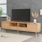 Meuble TV en rotin pour téléviseur de 85 pouces, meuble console de style rustique, pieds en bois massif