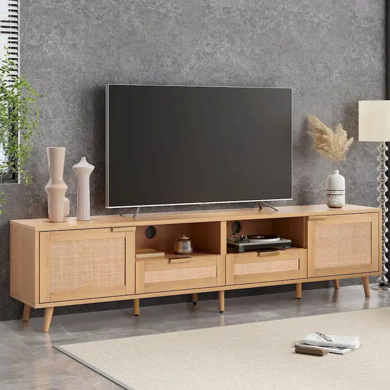 Meuble TV en rotin pour téléviseur de 85 pouces, meuble console de style rustique, pieds en bois massif