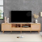 Meuble TV en rotin pour téléviseur de 85 pouces, meuble console de style rustique, pieds en bois massif