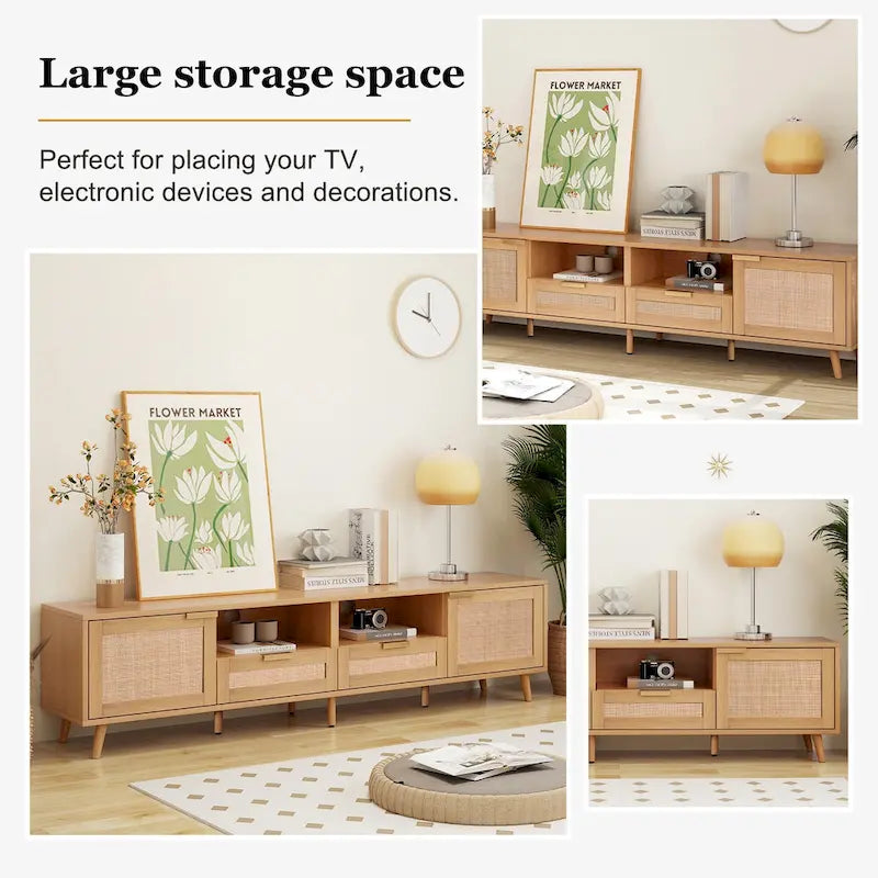 Meuble TV en rotin pour téléviseur de 85 pouces, meuble console de style rustique, pieds en bois massif
