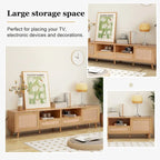 Meuble TV en rotin pour téléviseur de 85 pouces, meuble console de style rustique, pieds en bois massif
