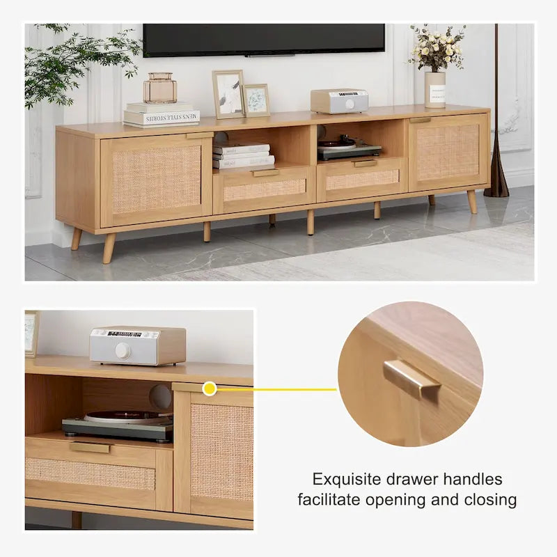 Meuble TV en rotin pour téléviseur de 85 pouces, meuble console de style rustique, pieds en bois massif