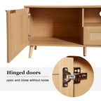 Meuble TV en rotin pour téléviseur de 85 pouces, meuble console de style rustique, pieds en bois massif