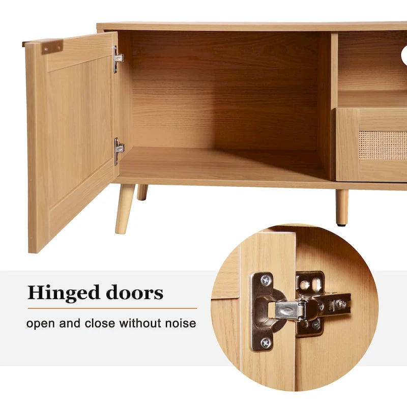 Meuble TV en rotin pour téléviseur de 85 pouces, meuble console de style rustique, pieds en bois massif