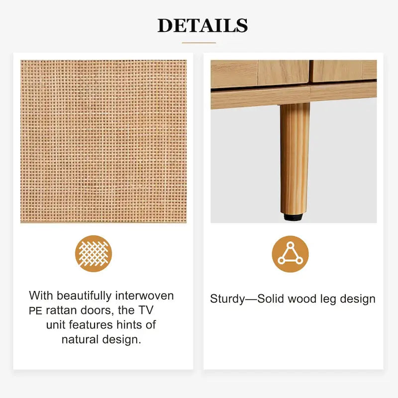 Meuble TV en rotin pour téléviseur de 85 pouces, meuble console de style rustique, pieds en bois massif