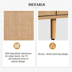 Meuble TV en rotin pour téléviseur de 85 pouces, meuble console de style rustique, pieds en bois massif