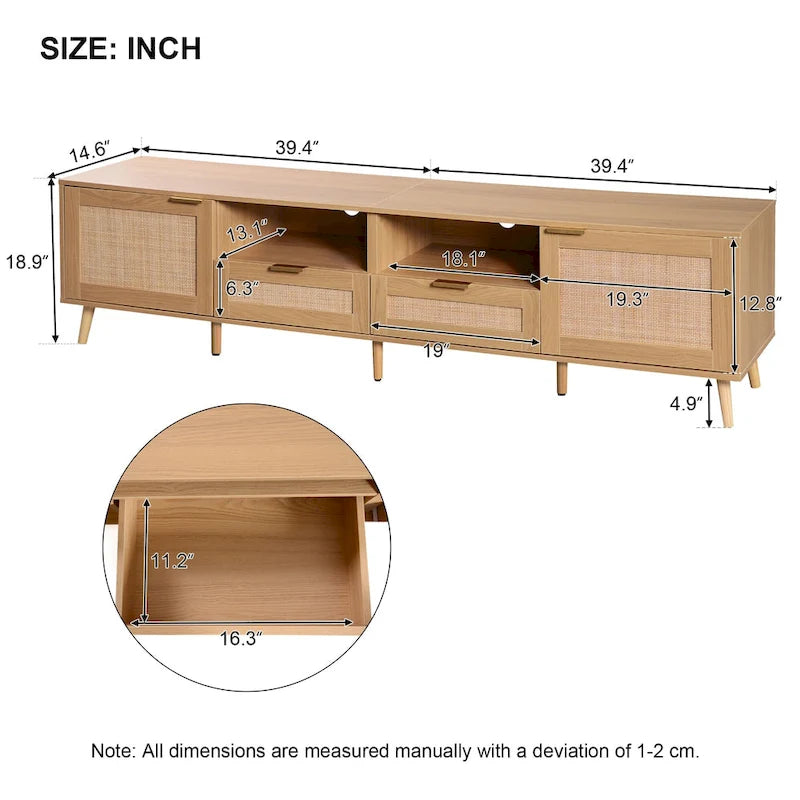 Meuble TV en rotin pour téléviseur de 85 pouces, meuble console de style rustique, pieds en bois massif