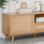 Meuble TV en rotin pour téléviseur de 85 pouces, meuble console de style rustique, pieds en bois massif