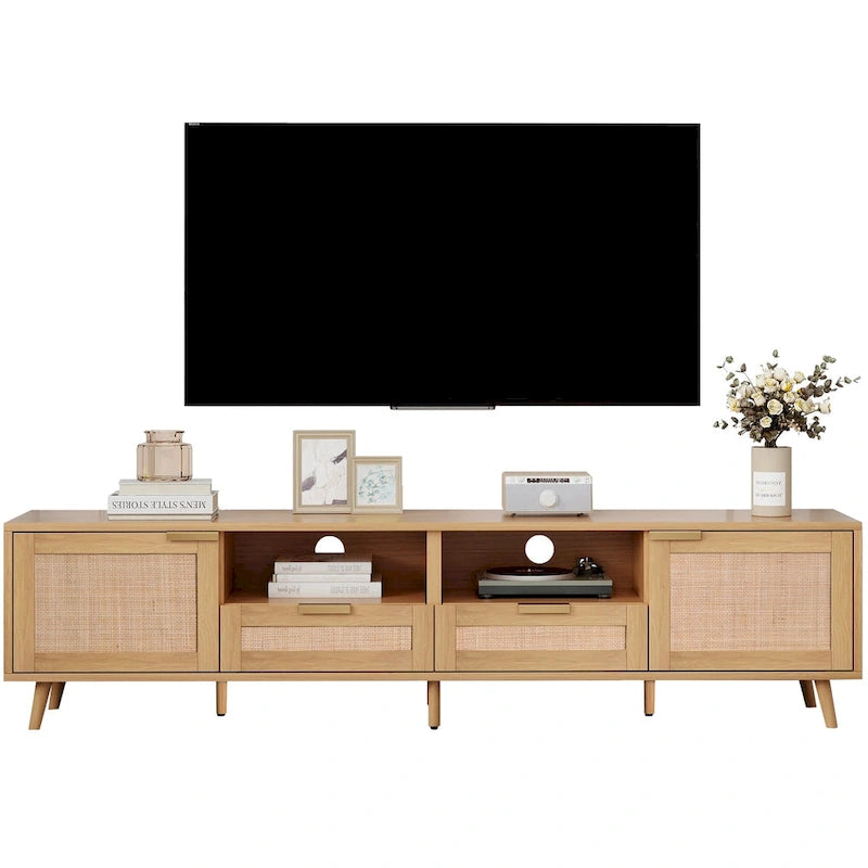 Meuble TV en rotin pour téléviseur de 85 pouces, meuble console de style rustique, pieds en bois massif