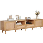 Meuble TV en rotin pour téléviseur de 85 pouces, meuble console de style rustique, pieds en bois massif
