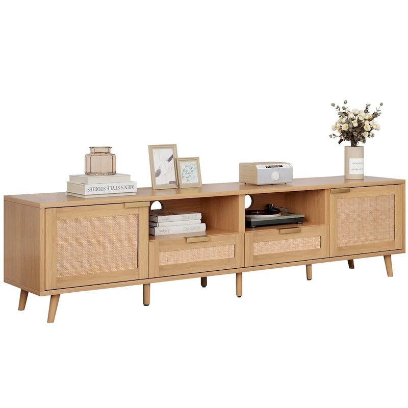 Meuble TV en rotin pour téléviseur de 85 pouces, meuble console de style rustique, pieds en bois massif