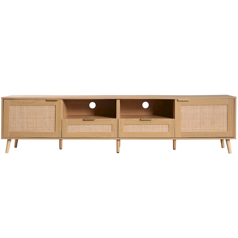 Meuble TV en rotin pour téléviseur de 85 pouces, meuble console de style rustique, pieds en bois massif
