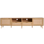 Meuble TV en rotin pour téléviseur de 85 pouces, meuble console de style rustique, pieds en bois massif