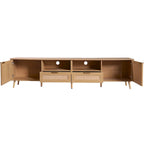 Meuble TV en rotin pour téléviseur de 85 pouces, meuble console de style rustique, pieds en bois massif