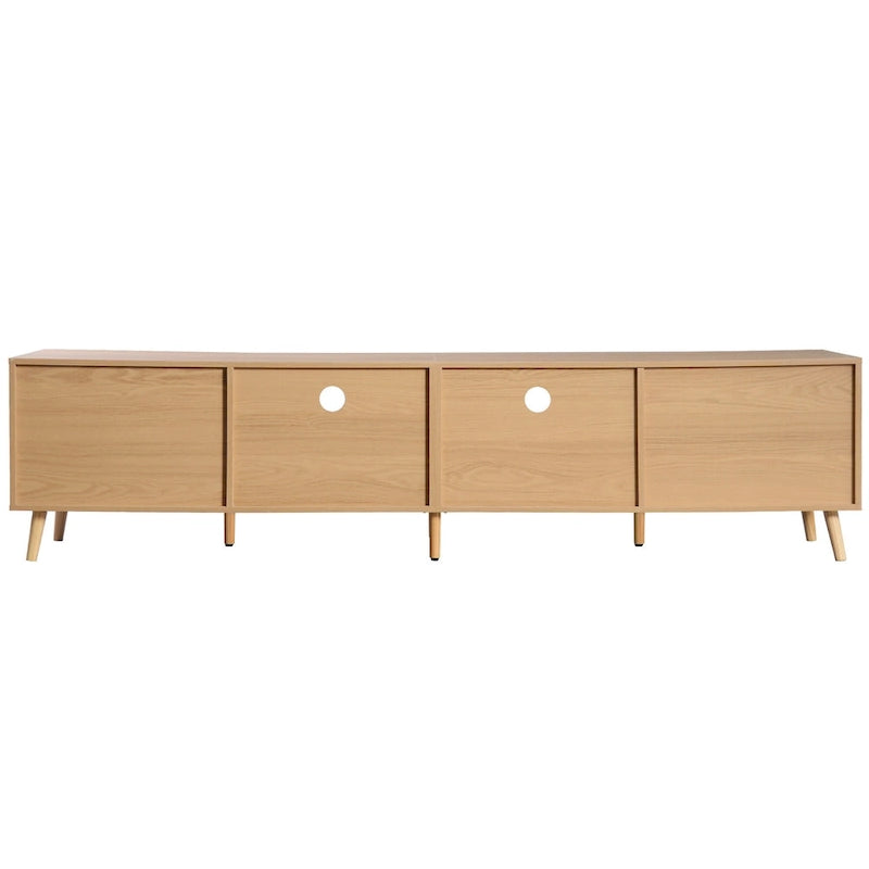 Meuble TV en rotin pour téléviseur de 85 pouces, meuble console de style rustique, pieds en bois massif