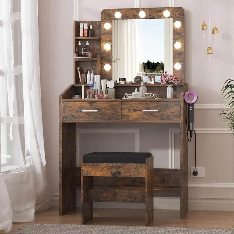 Coiffeuse avec miroir et lumières, coiffeuse avec prise de courant et tabouret capitonné