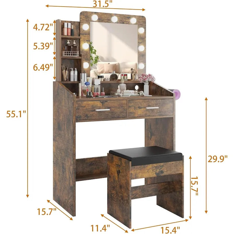 Coiffeuse avec miroir et lumières, coiffeuse avec prise de courant et tabouret capitonné