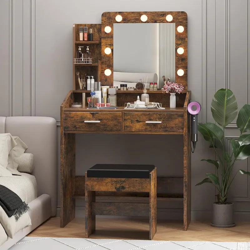 Coiffeuse avec miroir et lumières, coiffeuse avec prise de courant et tabouret capitonné