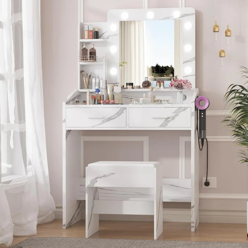 Coiffeuse avec miroir et lumières, coiffeuse avec prise de courant et tabouret capitonné
