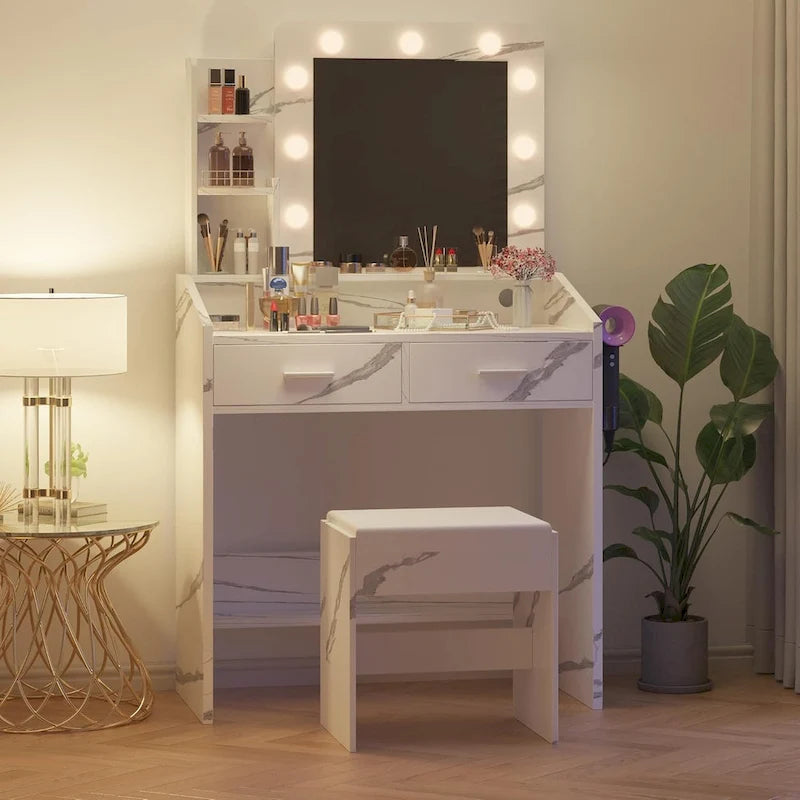 Coiffeuse avec miroir et lumières, coiffeuse avec prise de courant et tabouret capitonné
