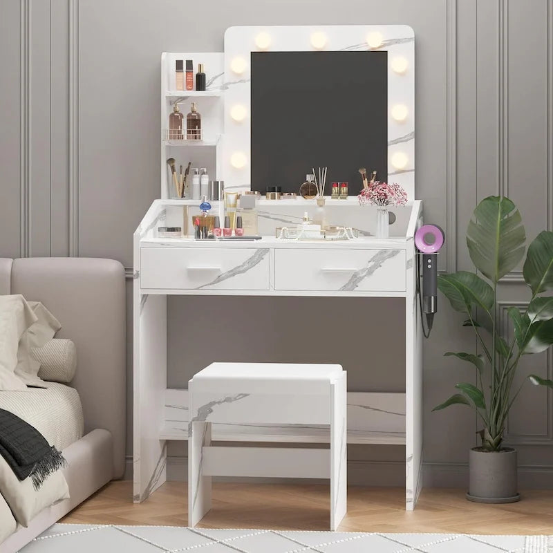 Coiffeuse avec miroir et lumières, coiffeuse avec prise de courant et tabouret capitonné