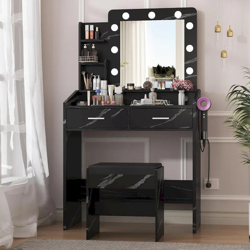 Coiffeuse avec miroir et lumières, coiffeuse avec prise de courant et tabouret capitonné