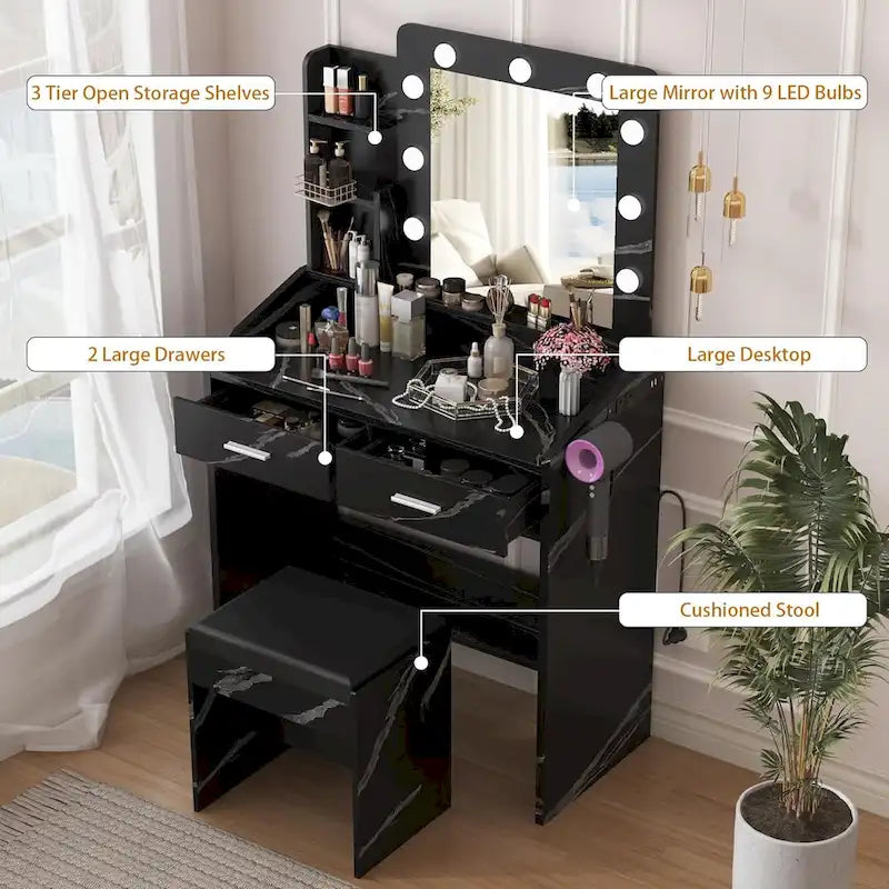 Coiffeuse avec miroir et lumières, coiffeuse avec prise de courant et tabouret capitonné