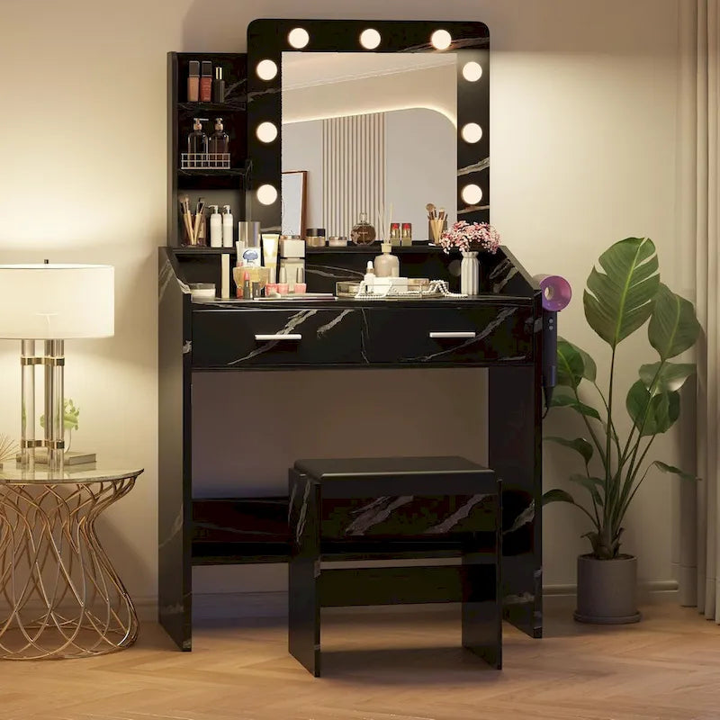 Coiffeuse avec miroir et lumières, coiffeuse avec prise de courant et tabouret capitonné