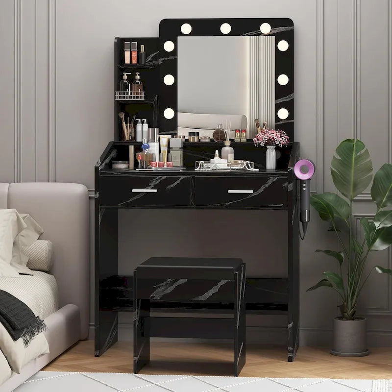 Coiffeuse avec miroir et lumières, coiffeuse avec prise de courant et tabouret capitonné