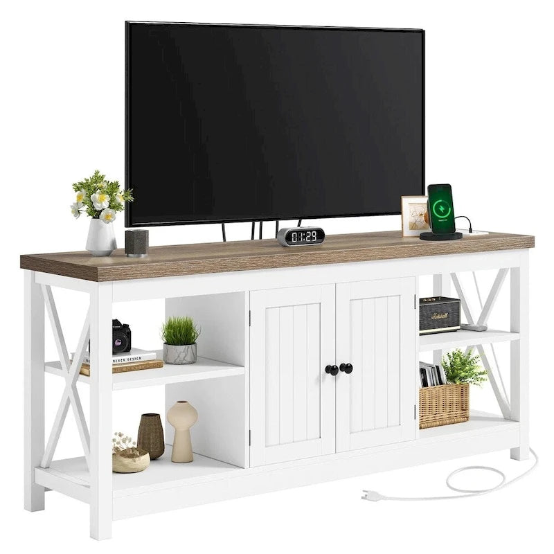 Meuble TV pour téléviseurs 65/60/55 avec prises électriques Blanc et beige - 58 pouces
