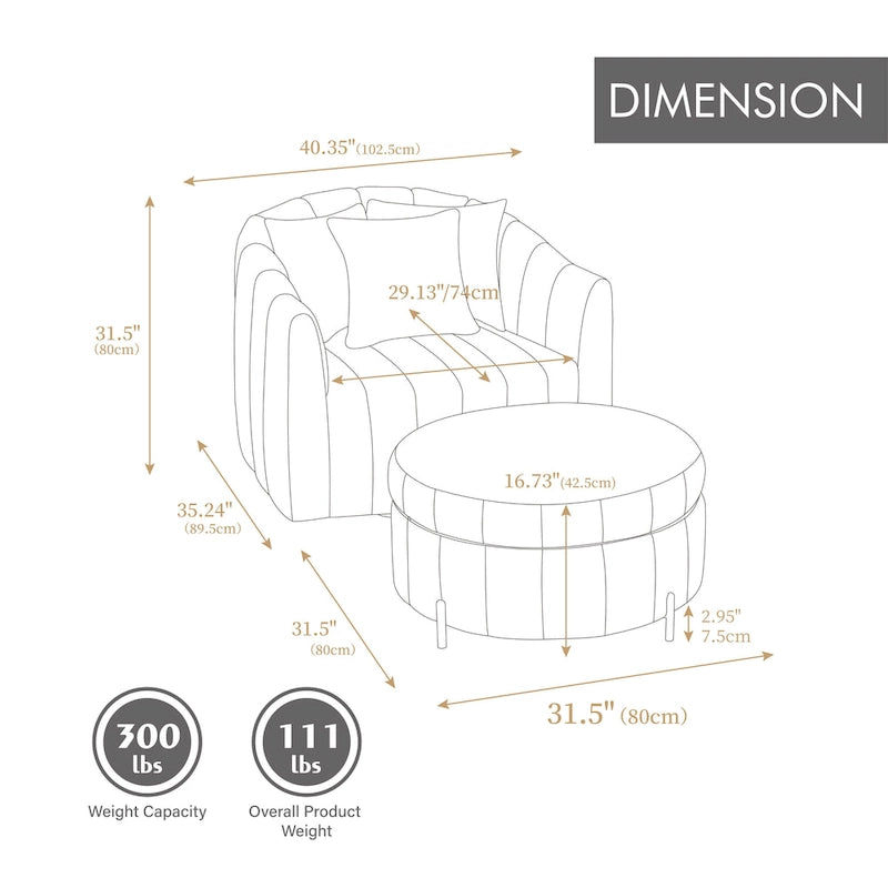 Fauteuil d'appoint pivotant moderne de 40,4 W, fauteuil simple pivotant avec ottoman