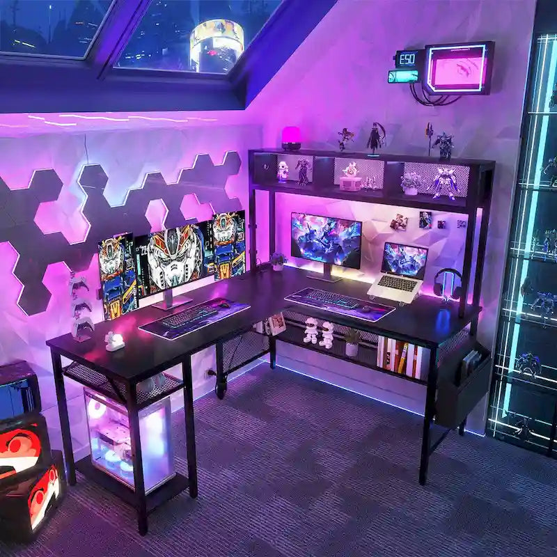 Bureau d'angle en L réversible avec étagères de rangement, bande LED et prises électriques, table de jeu