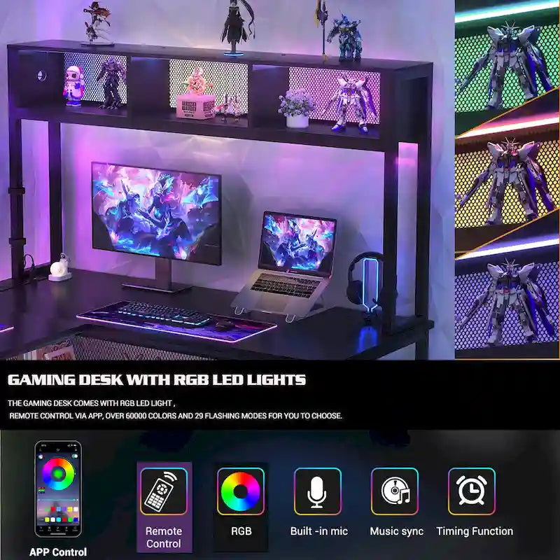 Bureau d'angle en L réversible avec étagères de rangement, bande LED et prises électriques, table de jeu