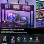 Bureau d'angle en L réversible avec étagères de rangement, bande LED et prises électriques, table de jeu