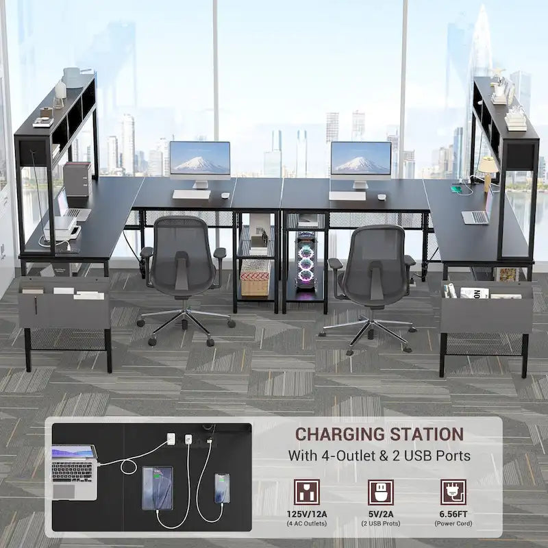 Bureau d'angle en L réversible avec étagères de rangement, bande LED et prises électriques, table de jeu