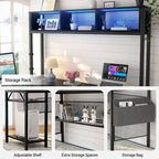 Bureau d'angle en L réversible avec étagères de rangement, bande LED et prises électriques, table de jeu