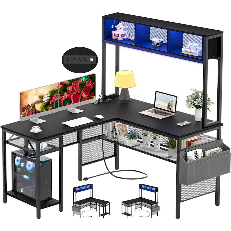 Bureau d'angle en L réversible avec étagères de rangement, bande LED et prises électriques, table de jeu