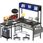 Bureau d'angle en L réversible avec étagères de rangement, bande LED et prises électriques, table de jeu